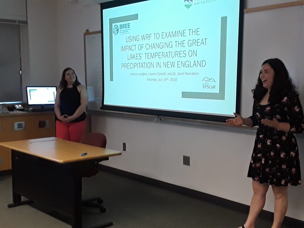 <br><br>Lauren Cornell and Jess Langlois<br>present their findings on how Great Lakes’ water temperatures affect modeled downwind precipitation